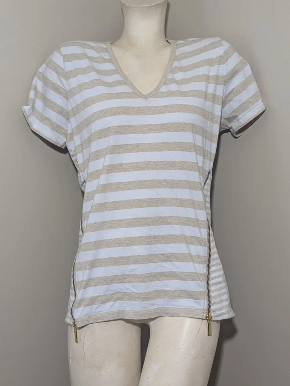 MICHAEL Michael Kors Striped Zip Side Tee Beige White L - Picture 2 of 6